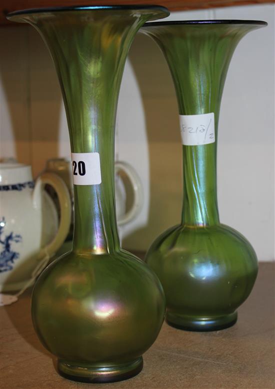 Pair Art Nouveau green glass vases